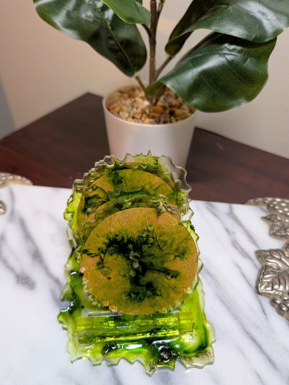 Handmade Green Ink Marbled Resin Coaster Set